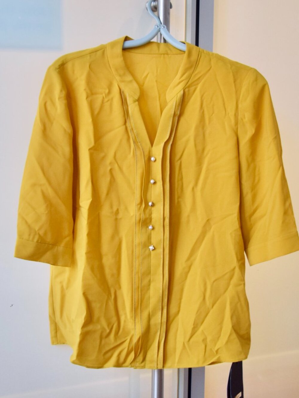 Yellow V Neck Short Sleeve Woman Blouse